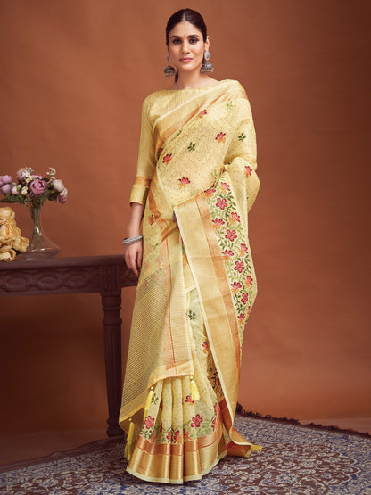 Yellow Yellow Party Wear Linen Woven Saree