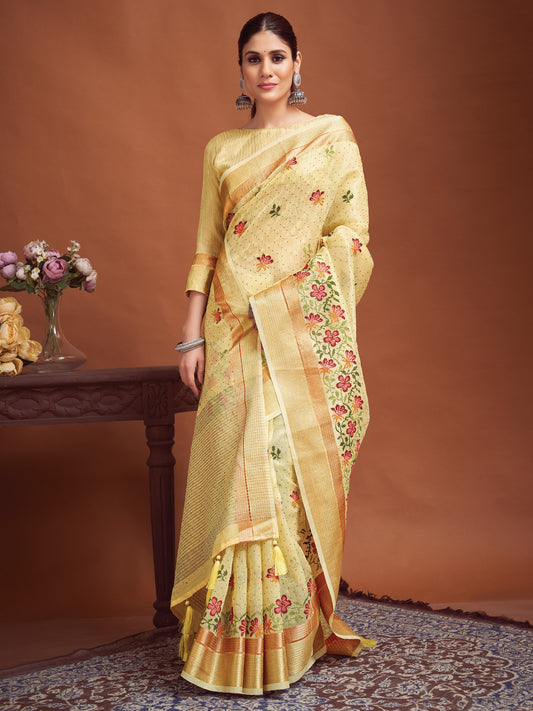 Yellow Yellow Party Wear Linen Woven Saree