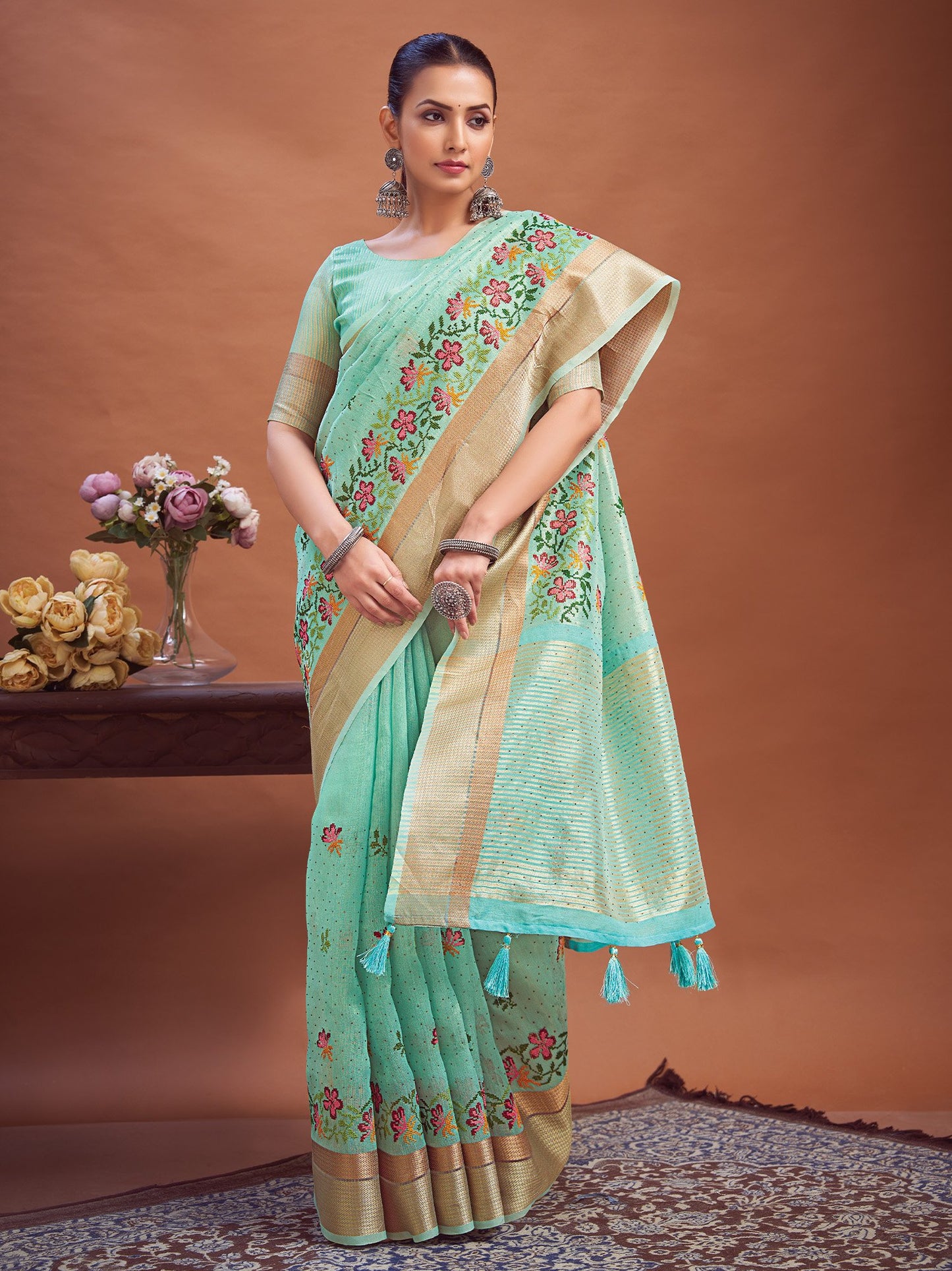 Turquoise Party Wear Linen Woven Saree