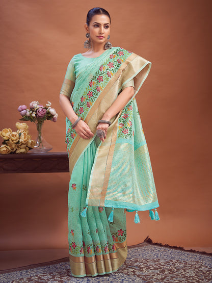 Turquoise Party Wear Linen Woven Saree