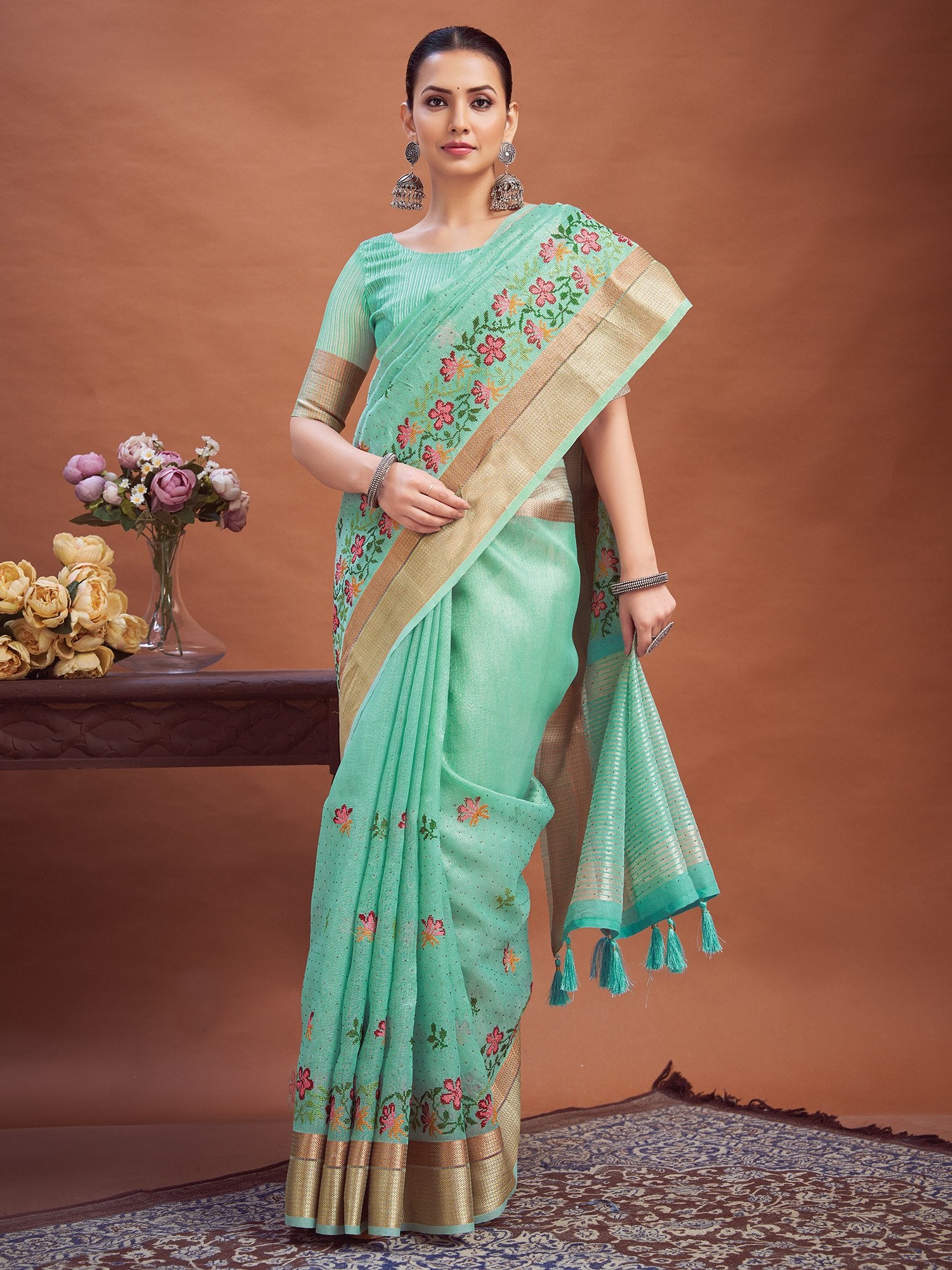 Blue Turquoise Party Wear Linen Woven Saree