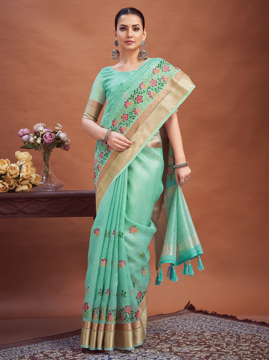 Blue Turquoise Party Wear Linen Woven Saree