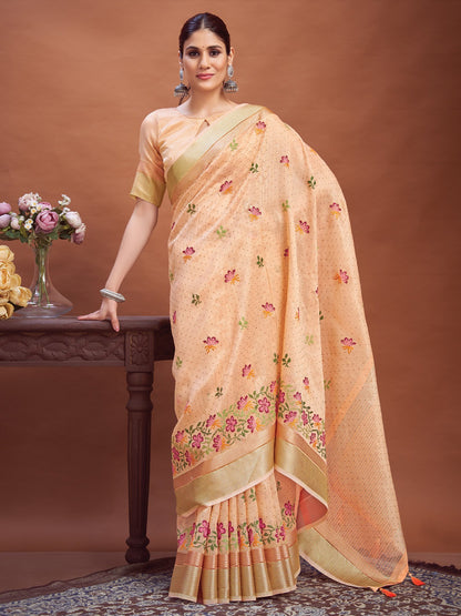 Peach Party Wear Linen Woven Saree
