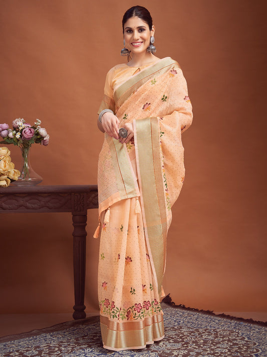 Pink Peach Party Wear Linen Woven Saree
