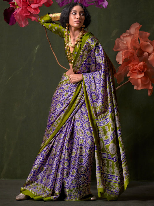 Purple Purple Block Print Crepe Printed Saree