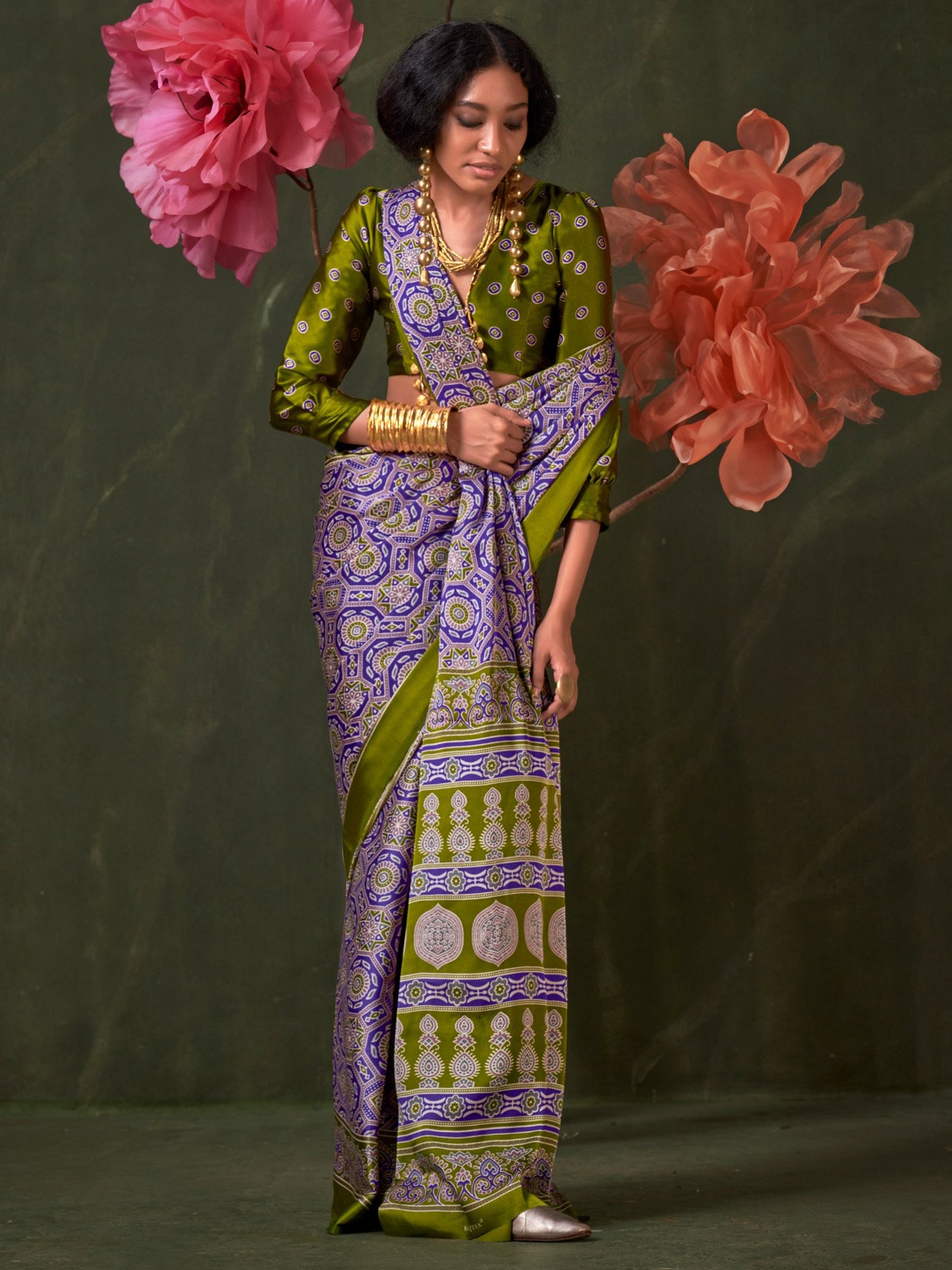 Purple Block Print Crepe Printed Saree