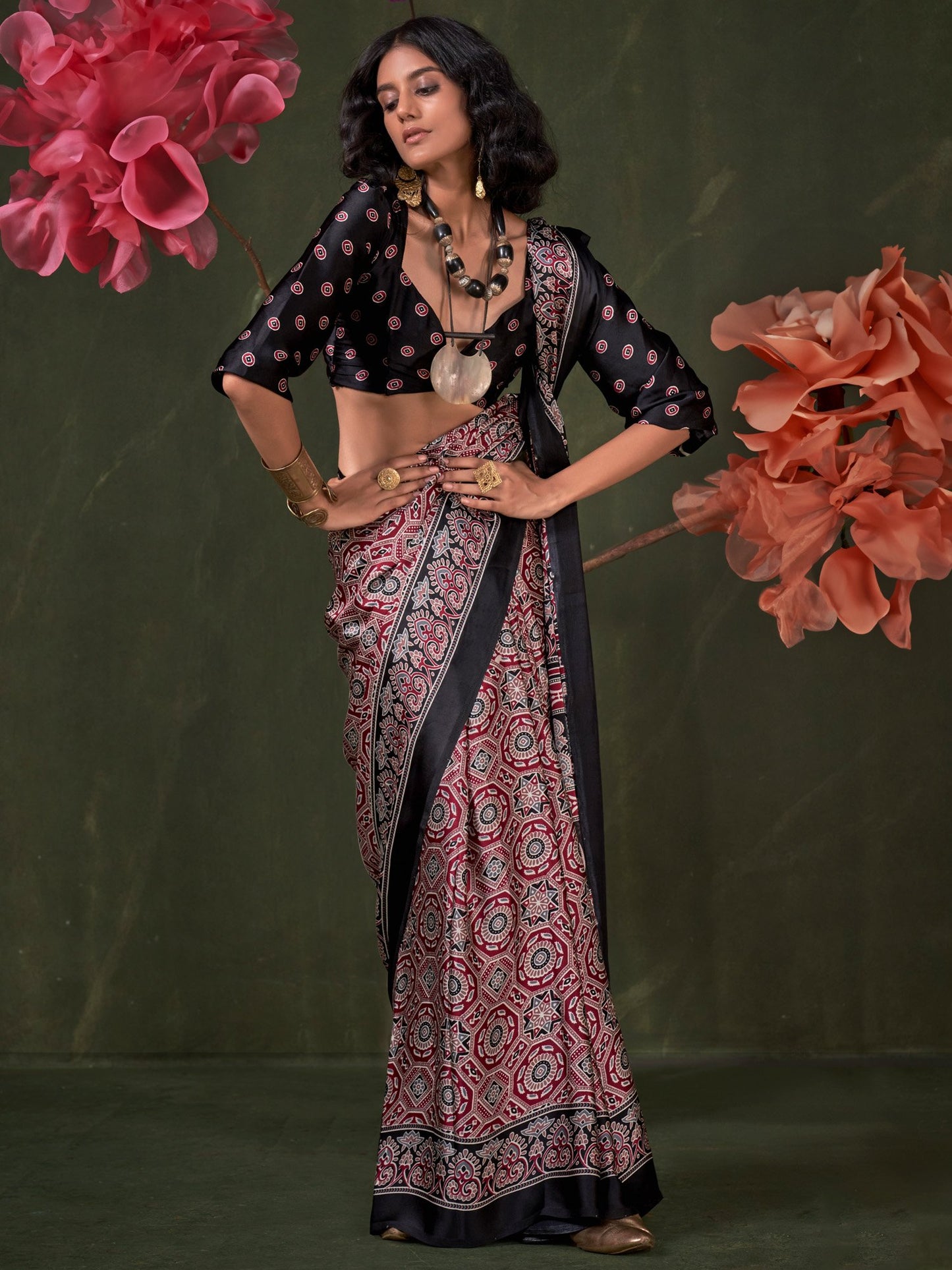 Maroon Block Print Crepe Printed Saree