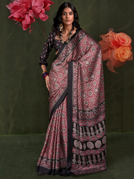 Maroon Maroon Block Print Crepe Printed Saree