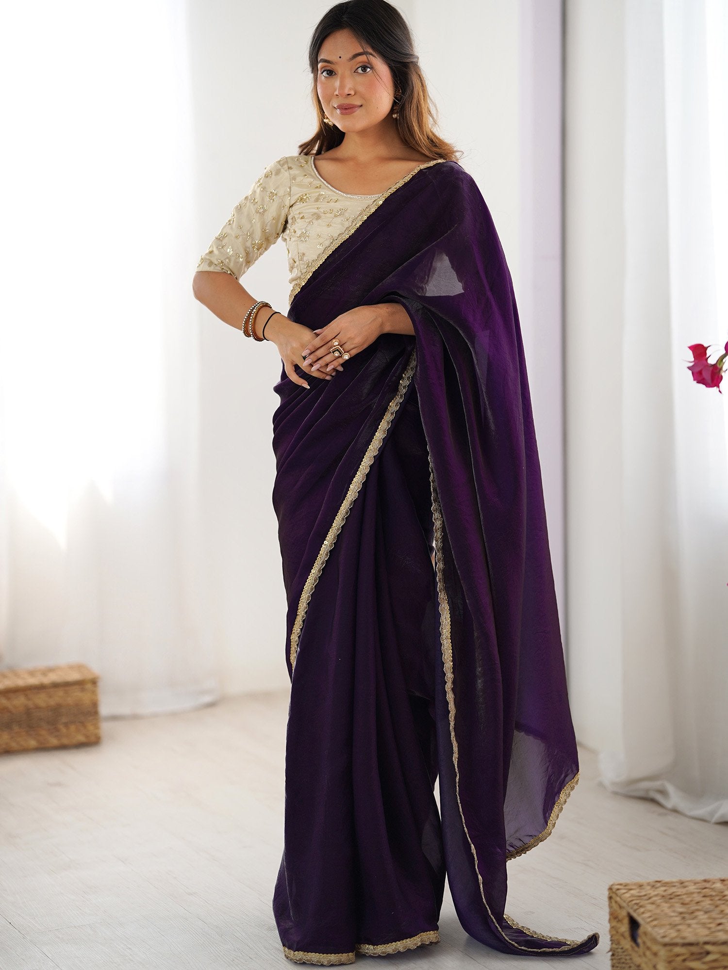 Purple Purple Party Wear Satin Silk Embellished Saree