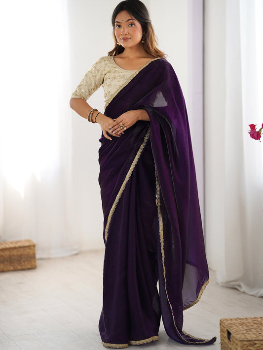 Purple Purple Party Wear Satin Silk Embellished Saree