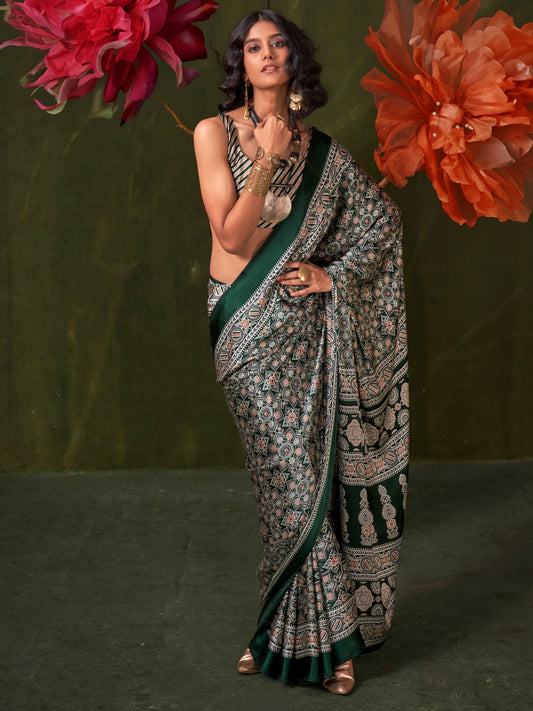 Green Green Block Print Crepe Printed Saree