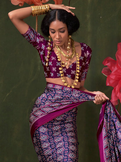 Navy Block Print Crepe Printed Saree
