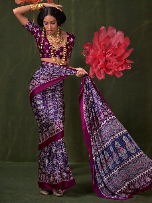 Blue  Navy Block Print Crepe Printed Saree
