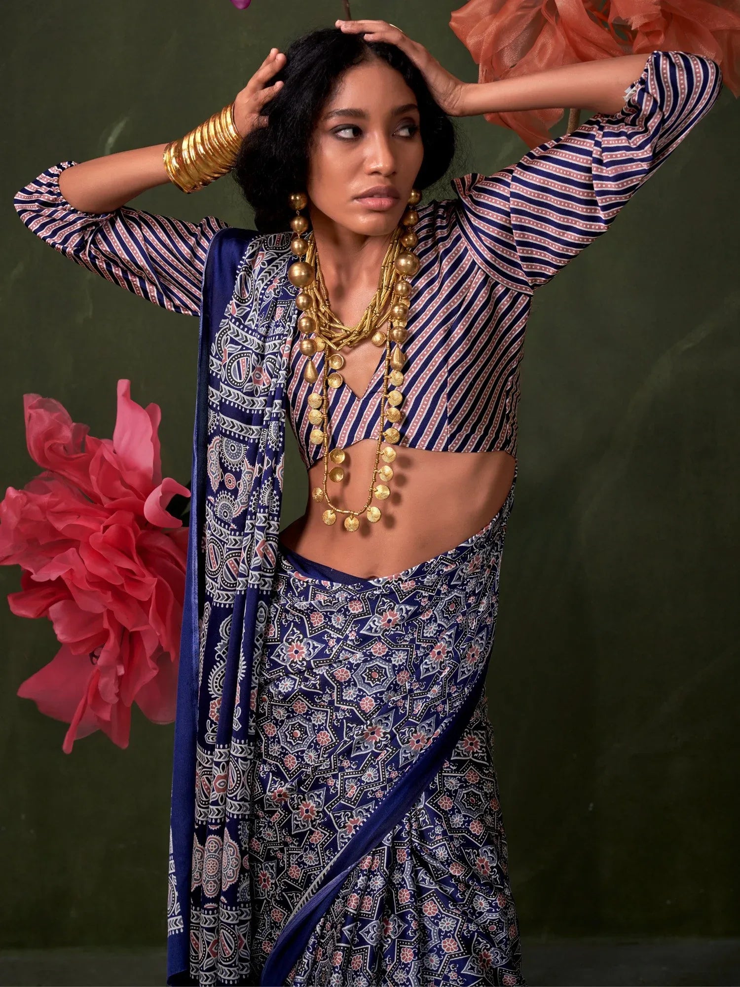 Navy Block Print Crepe Printed Saree