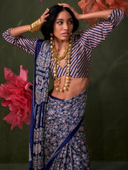Navy Block Print Crepe Printed Saree
