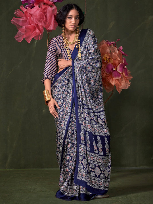 Blue Navy Block Print Crepe Printed Saree