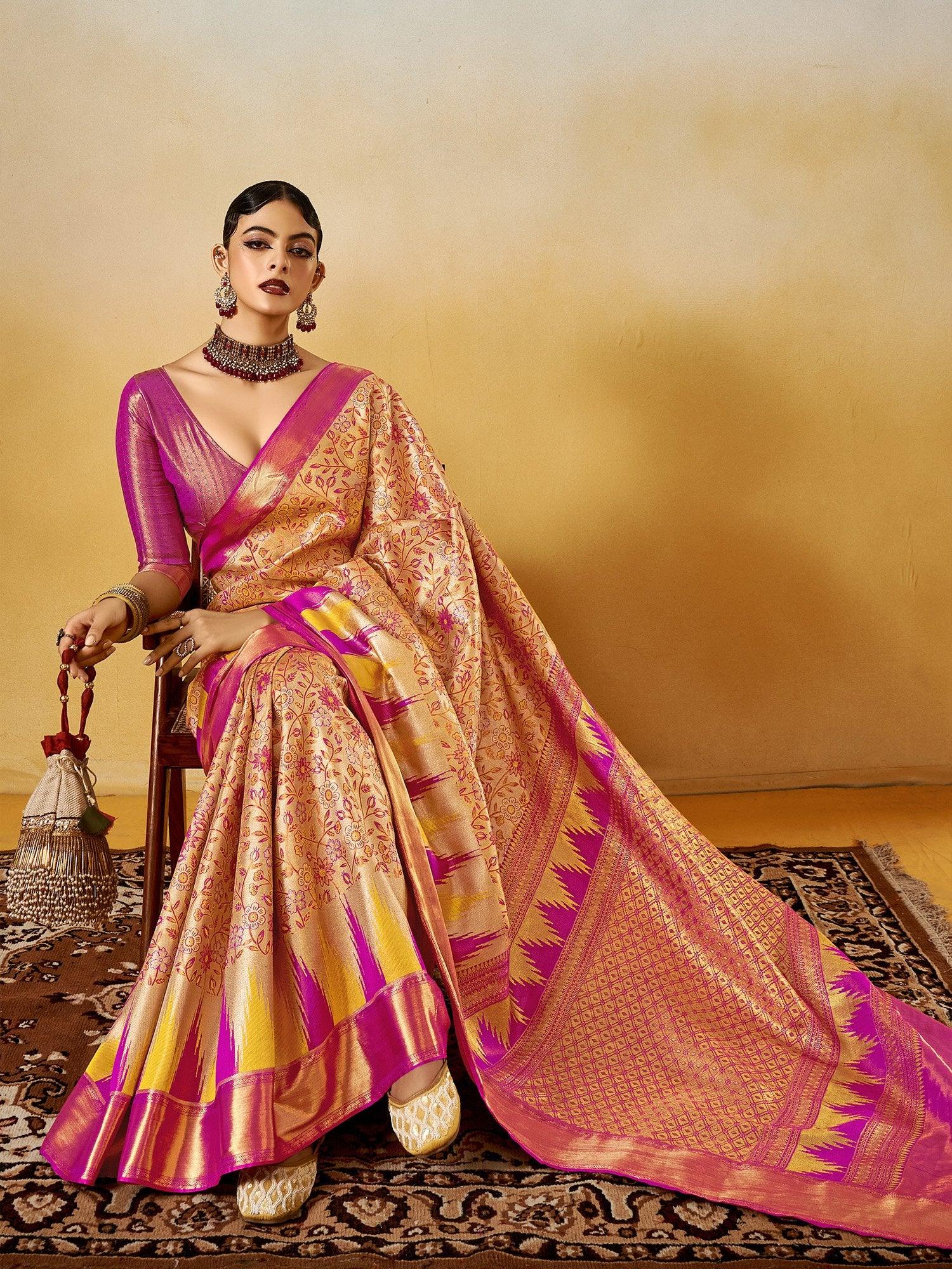Beige Kanjeevaram Silk Blend Woven Saree