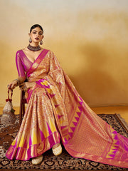 Beige Kanjeevaram Silk Blend Woven Saree