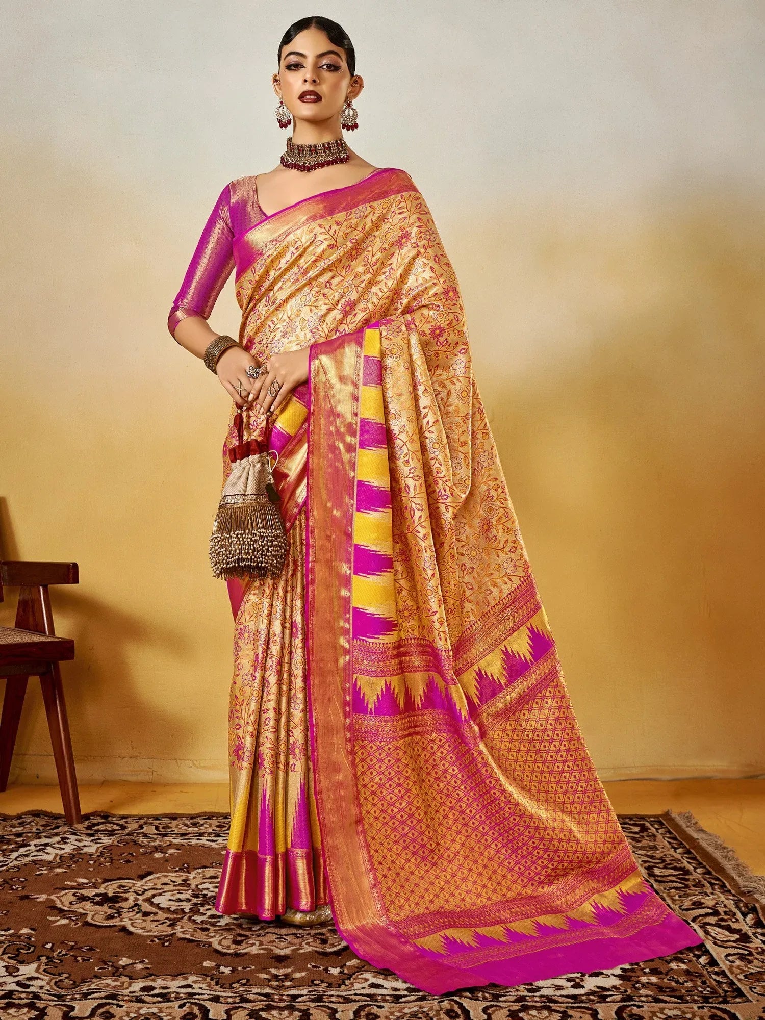 Cream Beige Kanjeevaram Silk Blend Woven Saree