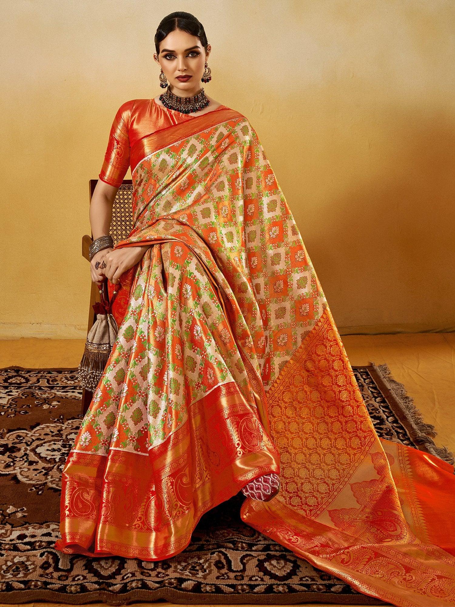 Orange Kanjeevaram Silk Blend Woven Saree