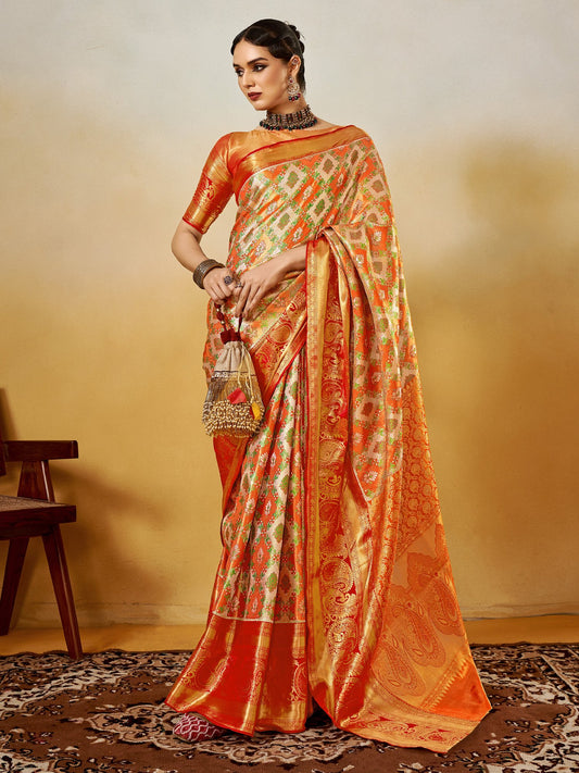Orange Orange Kanjeevaram Silk Blend Woven Saree
