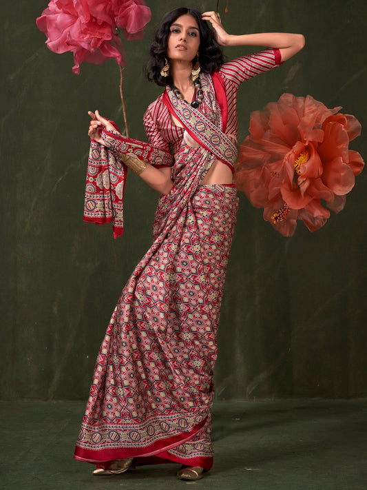 Red Red Block Print Crepe Printed Saree