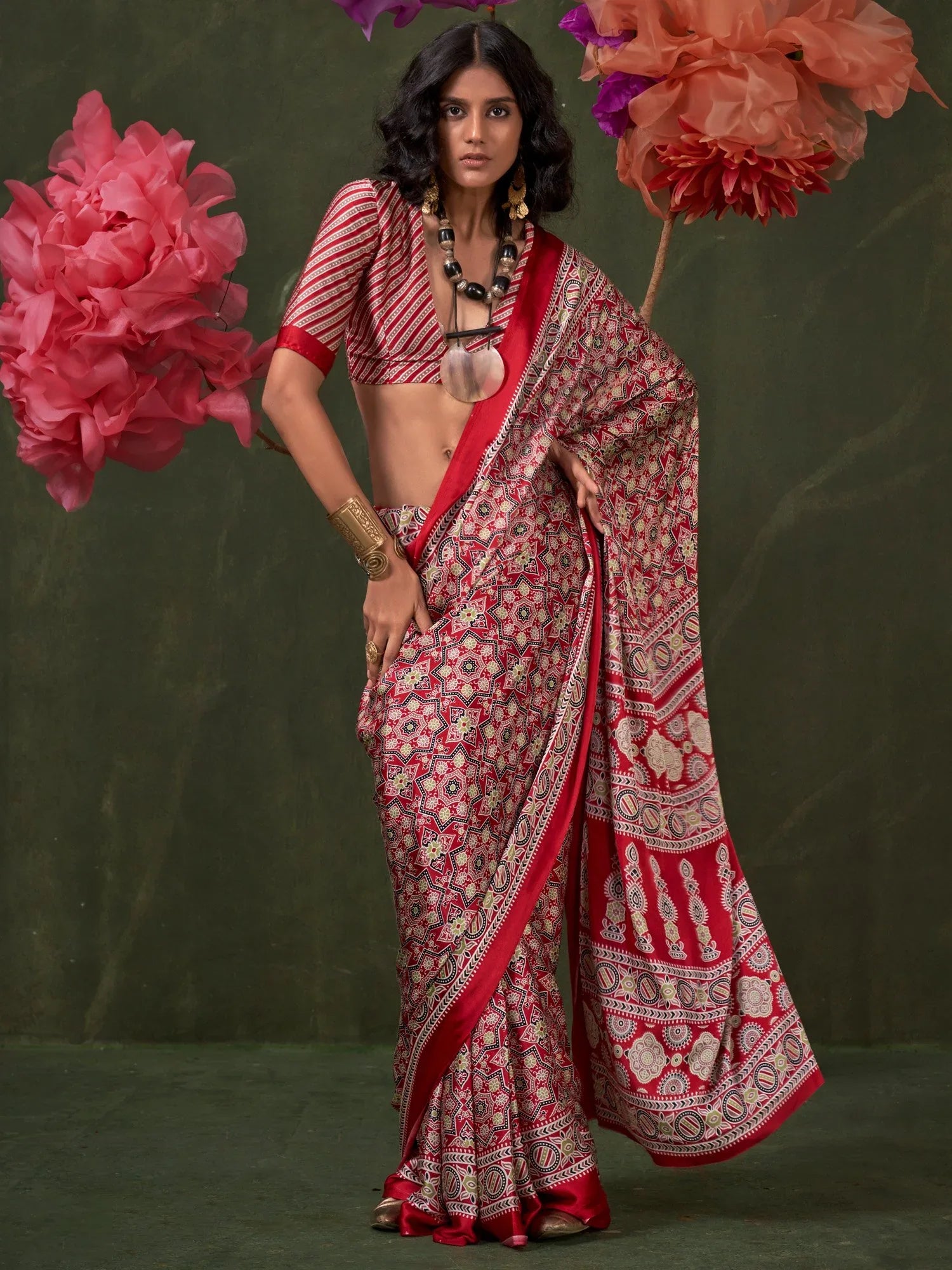 Red Block Print Crepe Printed Saree