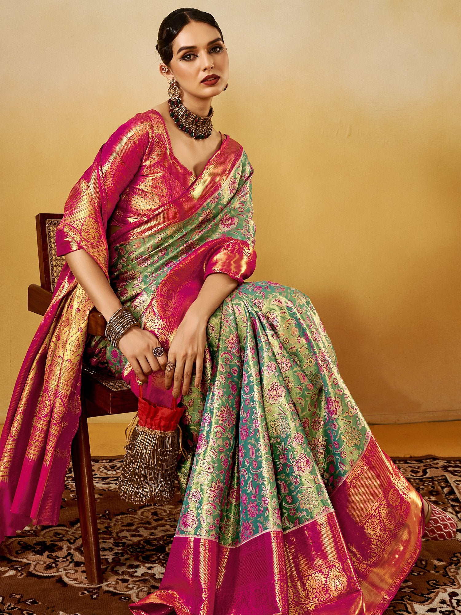 Turquoise Kanjeevaram Silk Blend Woven Saree