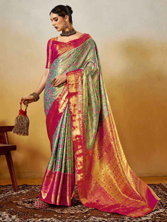 Blue Turquoise Kanjeevaram Silk Blend Woven Saree