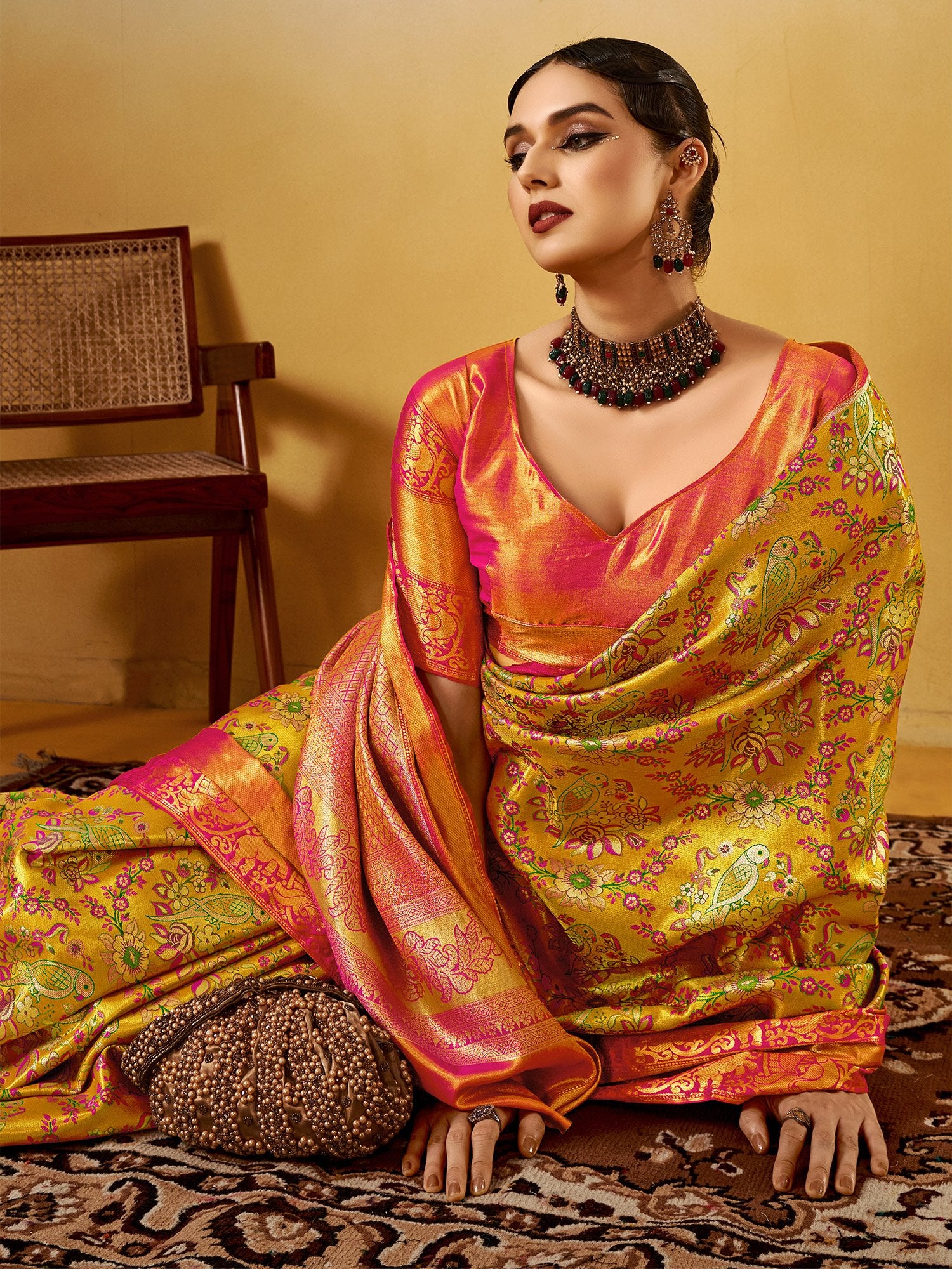 Yellow Kanjeevaram Silk Blend Woven Saree