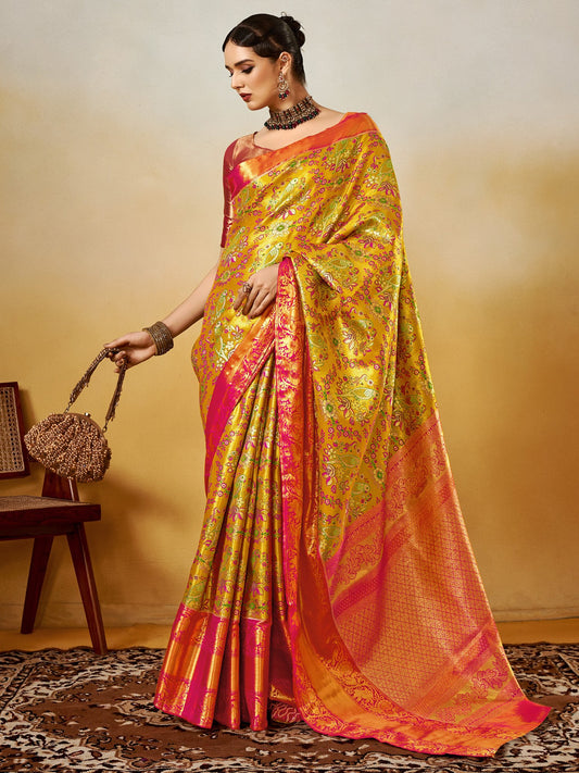 Yellow Yellow Kanjeevaram Silk Blend Woven Saree