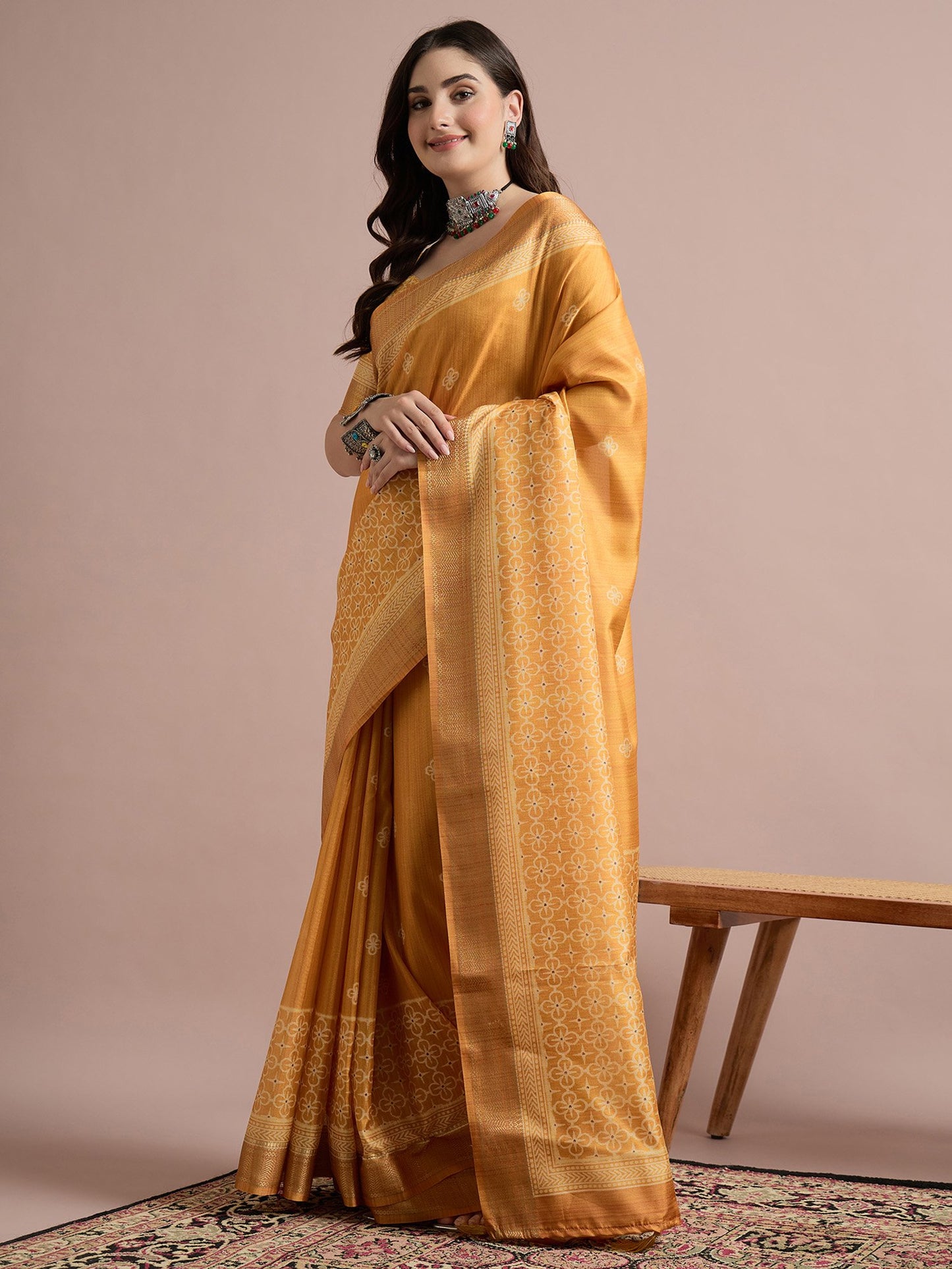 Mustard Sungudi Cotton Blend Printed Saree