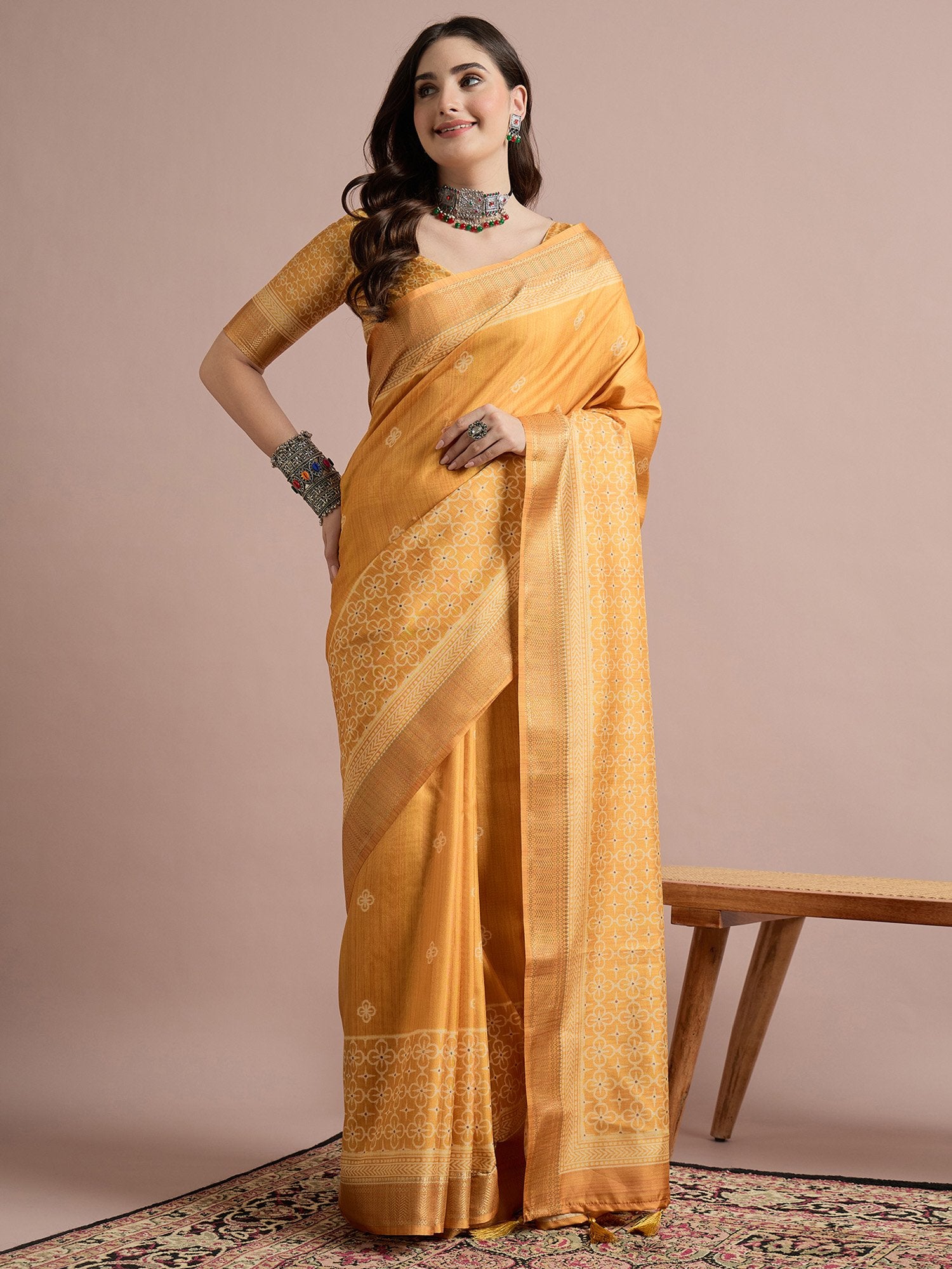 Yellow Mustard Sungudi Cotton Blend Printed Saree