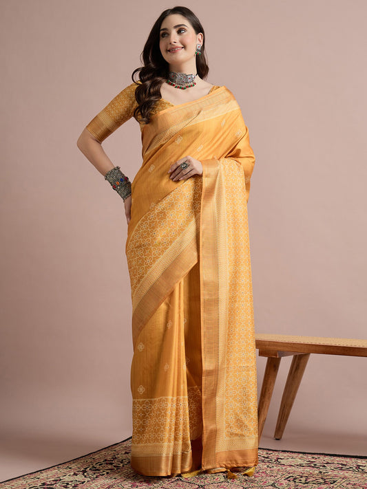 Yellow Mustard Sungudi Cotton Blend Printed Saree