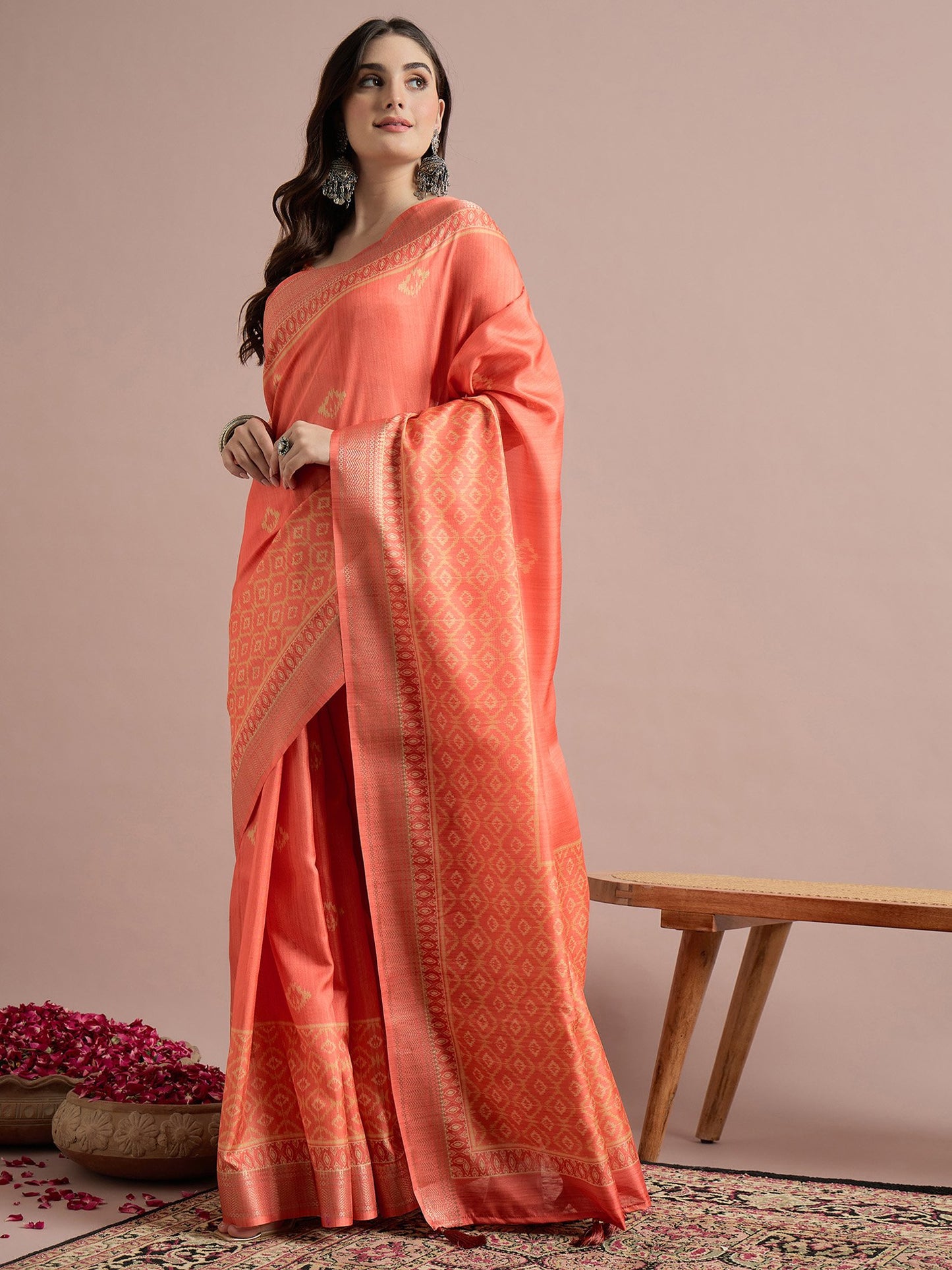 Pink Peach Sungudi Cotton Blend Printed Saree