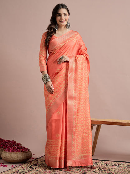 Peach Sungudi Cotton Blend Printed Saree