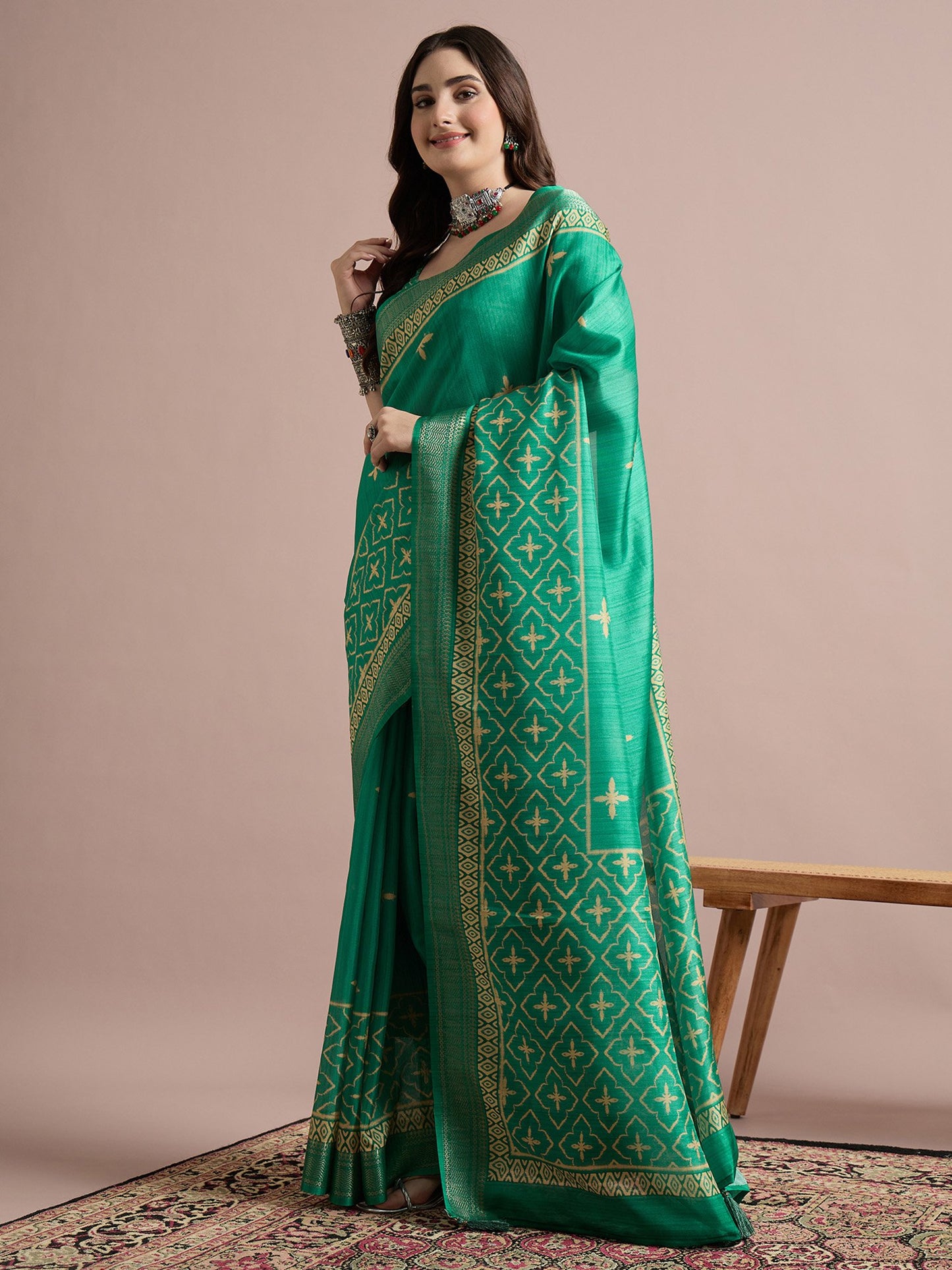 Teal Sungudi Cotton Blend Printed Saree