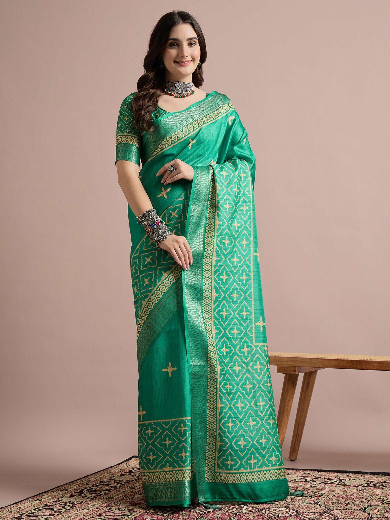 Green Teal Sungudi Cotton Blend Printed Saree