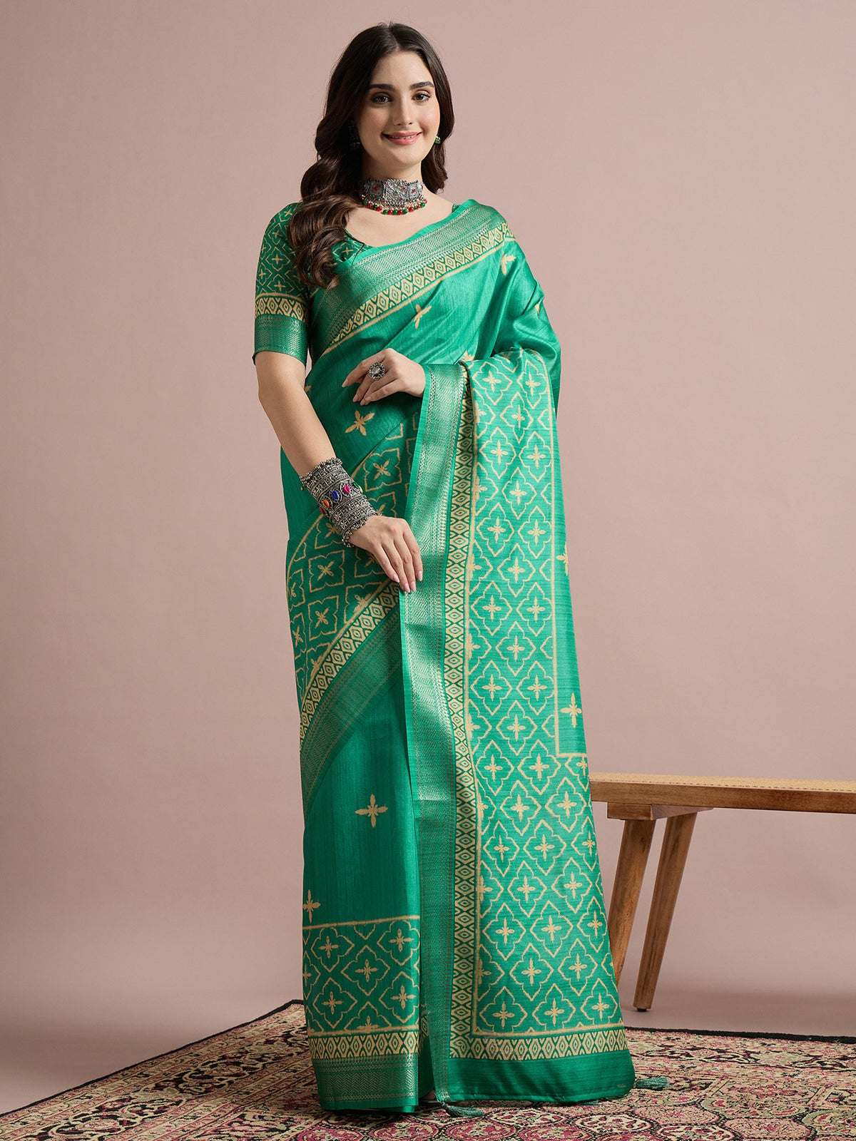 Green Teal Sungudi Cotton Blend Printed Saree