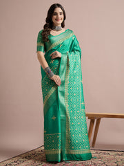 Green Teal Sungudi Cotton Blend Printed Saree