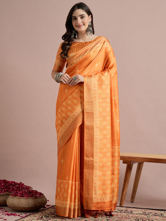 Orange Orange Sungudi Cotton Blend Printed Saree