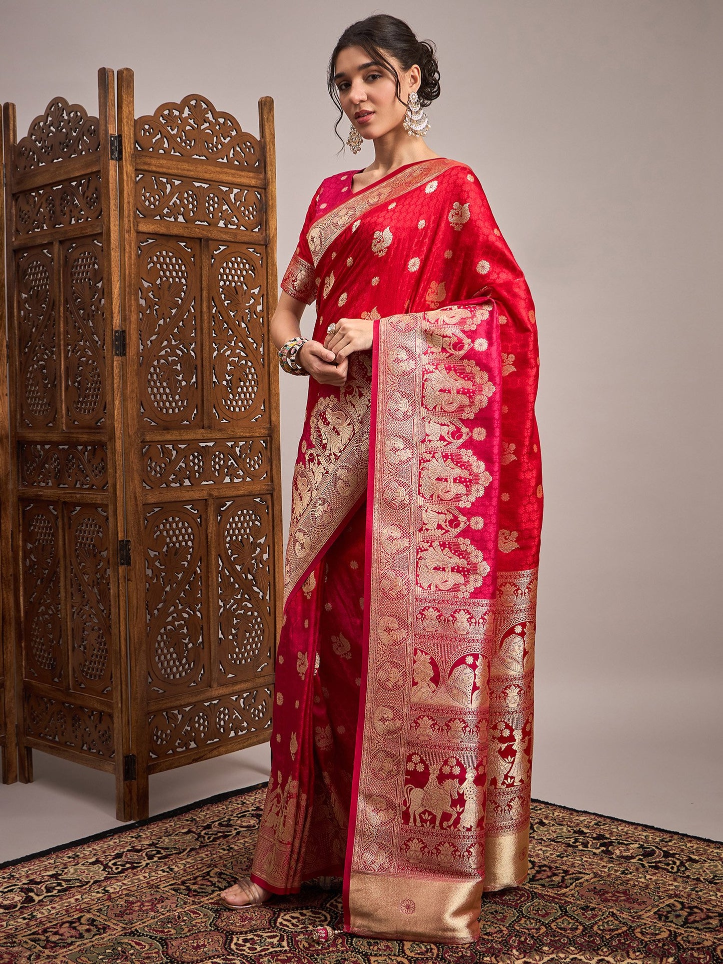 Red Banarasi Satin Silk Woven Saree