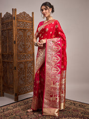 Red Banarasi Satin Silk Woven Saree
