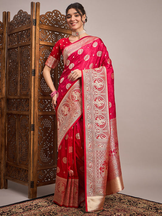 Pink Pink Banarasi Satin Silk Woven Saree