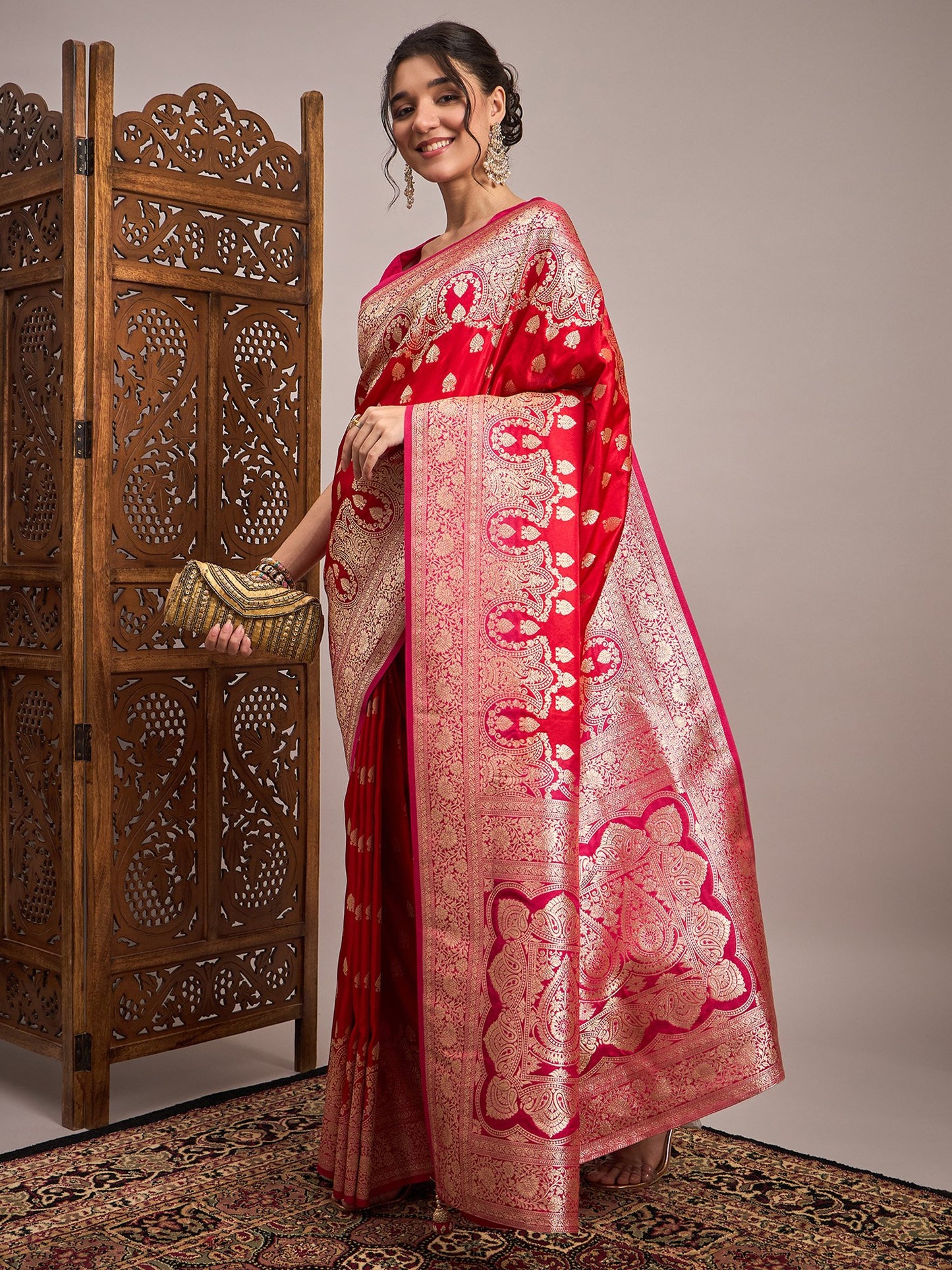Red Banarasi Satin Silk Woven Saree