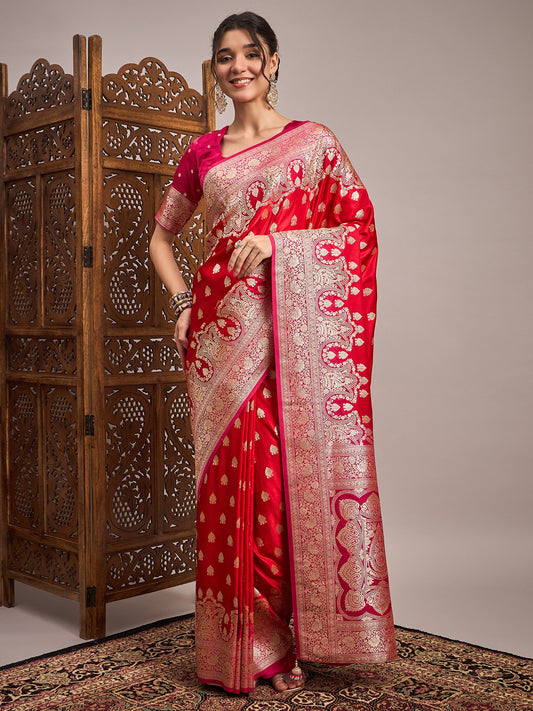 Red Red Banarasi Satin Silk Woven Saree