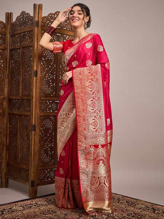 Pink Pink Banarasi Satin Silk Woven Saree