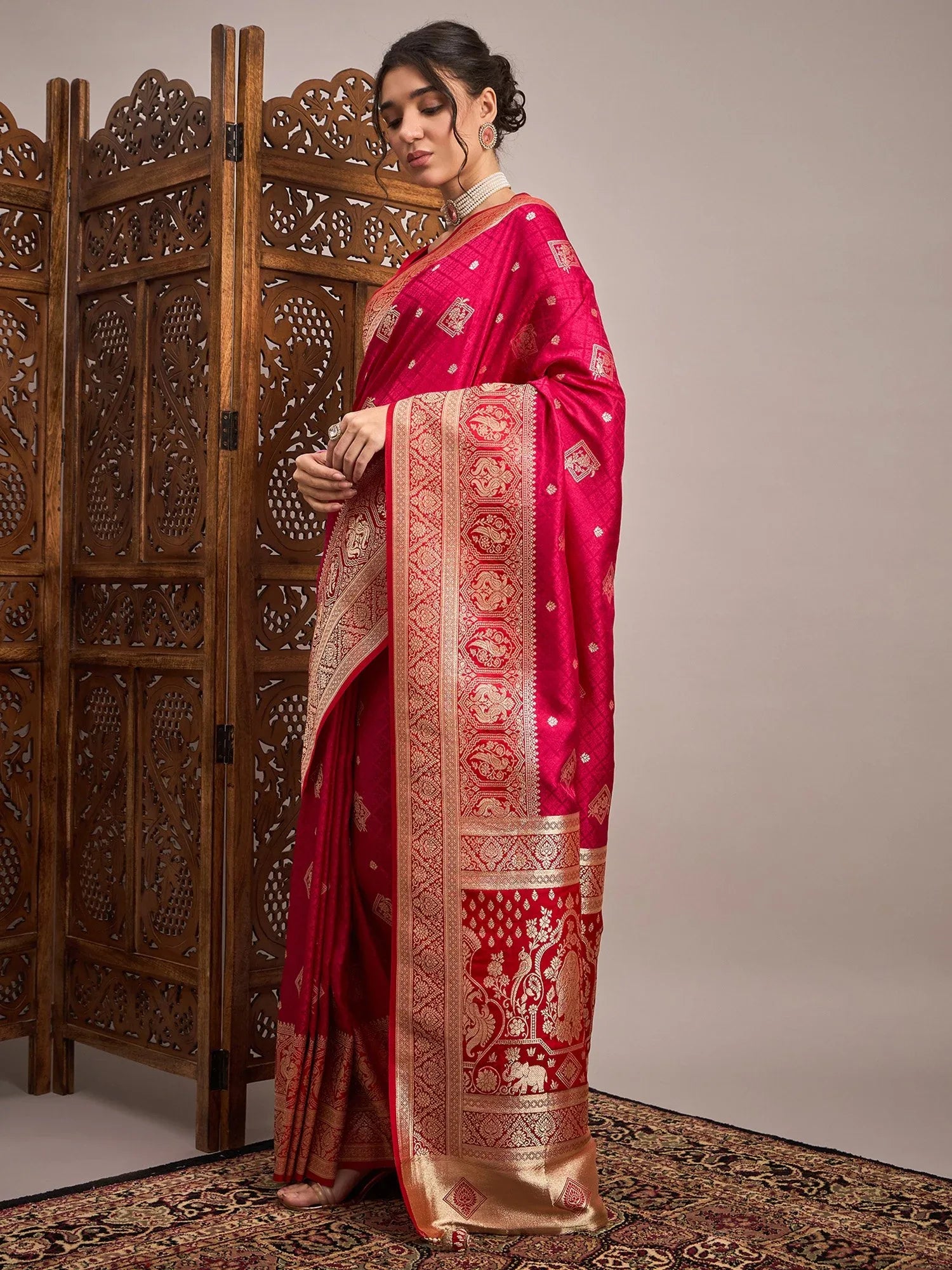 Pink Banarasi Satin Silk Woven Saree