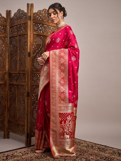 Pink Banarasi Satin Silk Woven Saree