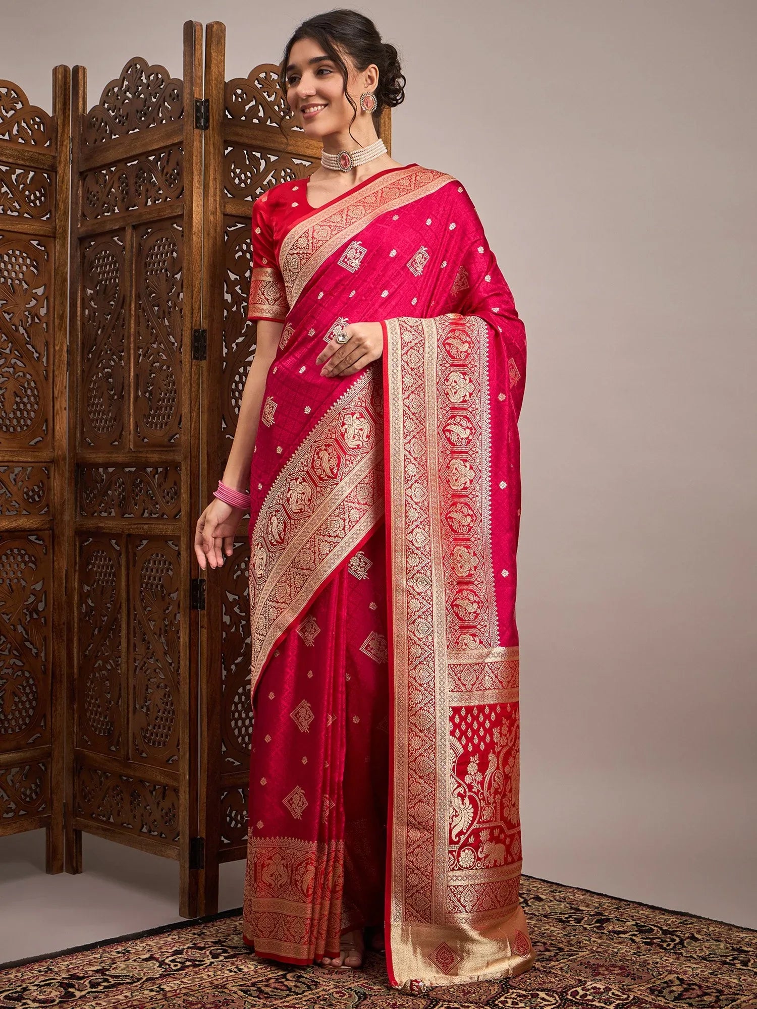 Pink Pink Banarasi Satin Silk Woven Saree